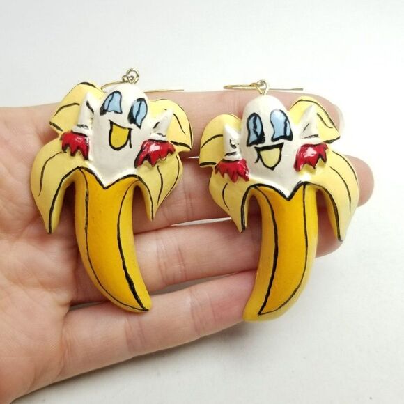 Vintage Sassy Bananas Dangle Earrings, Weird Wonderful 70s 80s Style, Estate - Picture 6 of 6